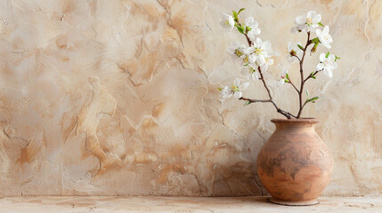 Delicate blossom branch in textured clay vase near beige stucco wall.