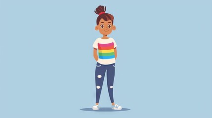 Obraz premium A 2D flat style character with a rainbow-themed T-shirt, symbolizing pride and support for the LGBTQ+ community. The background is minimalistic, emphasizing the character's confident stance.