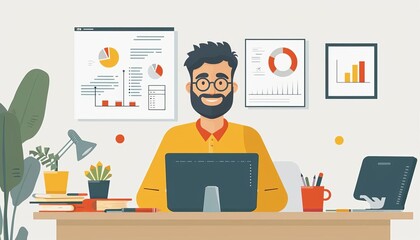 Illustration of a cheerful businessman working at his desk with a computer, surrounded by office supplies, plants, and charts on the wall.