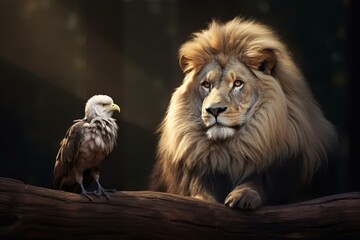 Powerful lion and a bold eagle perched side by side on a wooden branch