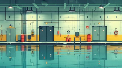 Modern indoor swimming pool with reflection in water, safety equipment, and industrial lighting. High-quality facility for swimming activities.