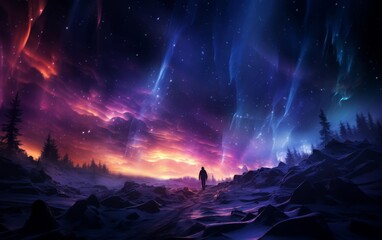 Fototapeta premium Silhouette of a person under a vibrant, colorful night sky with northern lights, in a mystical forest landscape.