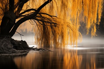 Capturing the serene and tranquil beauty of an enchanting riverside at twilight with weeping willow trees. Reflective waters. And a golden hour glow