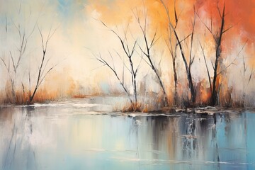 Digital artwork of a tranquil lake with bare trees and autumn foliage