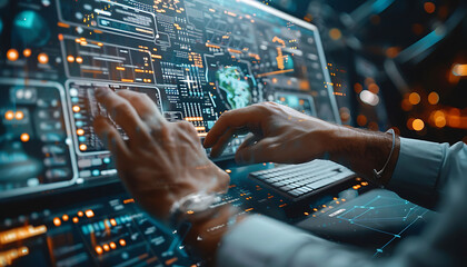 Dynamic scene showing a software engineer's hands interacting with a computer, with futuristic overlays of data exchange, AI, and cloud computing, representing advanced data science