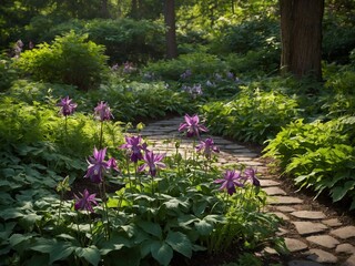 Serene garden path meanders through lush greenery, dappled with sunlight filtering through trees. Vibrant purple flowers punctuate sea of green leaves, creating tranquil, inviting atmosphere.