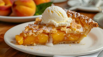 Close up, delectable peach pie slice with melting vanilla ice cream, festival table setting