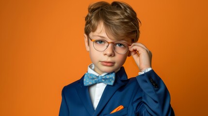 Back to school concept. Young boy with glasses and a checkered vest adjusting his glasses, posing confidently against an orange background.