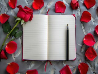 Open blank notebook with red rose and pink hearts background, accompanied by a pen. Perfect for Valentine's Day themes and romantic vibes.
