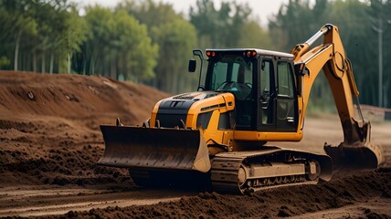 Backhoe excavating soil at a building site. An excavator crawler working in the earth. truck used for excavation.