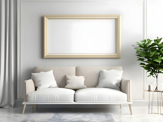 Mockup frame on the wall of living room. Luxurious apartment background with contemporary design. Modern interior design. 3D render