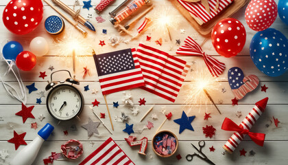 Obraz premium Patriotic July 4th Flat Lay on Light Background