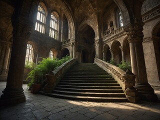 Sunlight streams through tall, arched windows into expansive, dilapidated interior of grand, old building with gothic architectural elements. Wide staircase, with moss, plants growing on, around it. - Powered by Adobe