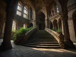 Fototapeta premium Sunlight streams through tall, arched windows into expansive, dilapidated interior of grand, old building with gothic architectural elements. Wide staircase, with moss, plants growing on, around it.