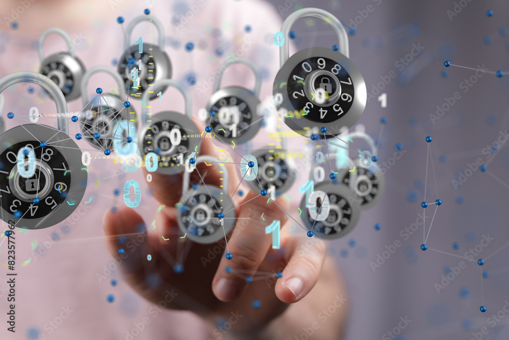 Poster Cybersecurity and information or network protection. Future technology web