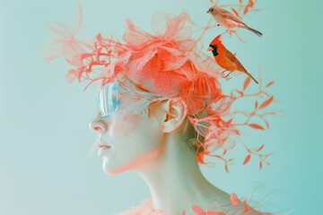 Woman in orange dress with bird perched on head in whimsical and colorful fashion portrait with playful nature element