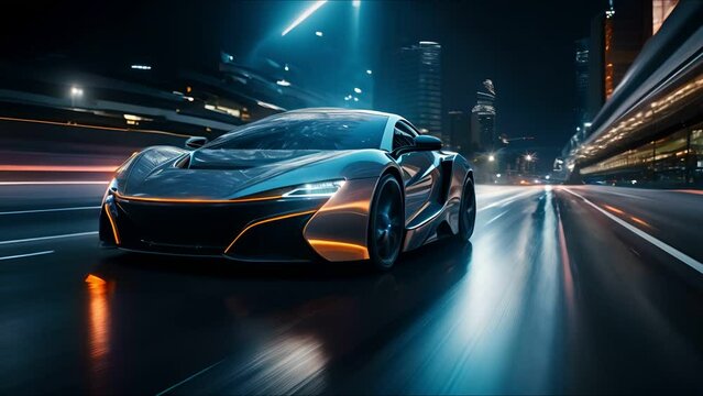 Modern Electric sports car riding on highway road of the city