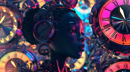 Futuristic African Princess Amidst Clocks: A Timeless Vision of Innovation and Culture