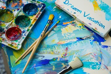 Colored paint palette. Brushes lie scattered around it, dipped in vibrant hues of blue, green, and yellow. A single canvas sits blank beside it, a title scrawled across the top: "Dream Vacation"