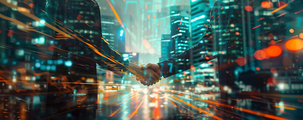 handshake between two business professionals, representing successful deals, mergers, and acquisitions, set against a backdrop of a modern cityscape with dynamic light effects