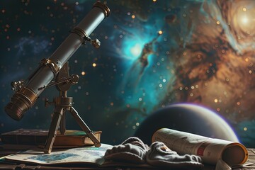 Fototapeta premium Need Vacation abstract: A dusty telescope points towards a star chart, its lens focused on a distant nebula. A stack of astronomy books lies open beside it