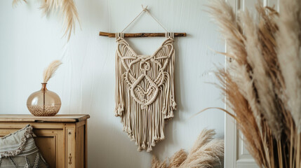 A macrame wall hanging showcasing intricate knot work, infusing the room with bohemian charm.