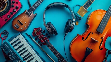 Naklejka premium Close-up, World Music Day banner, classic headphones, traditional instruments, colorful layout, isolated background, studio lighting
