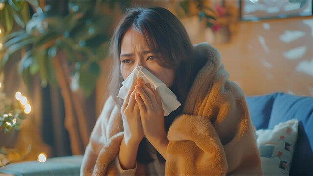 Unhealthy woman wrapped blanket blowing feeling flu sneeze runny nose allergy flu cough cold sneezing at home. Ai Footage.