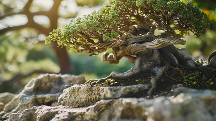 Fototapeta premium Majestic bonsai tree growing on a rock, viewed from beneath, close-up capturing details of roots and foliage, natural lighting