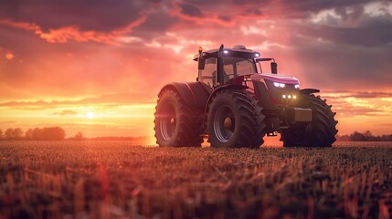 Fototapeta premium Modern hydrogen fuel cell tractor in action, close-up in a field with a dramatic sunset backdrop, showcasing advanced agricultural technology