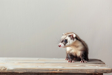 Cute Ferret on Wooden Bench. A cute ferret sitting on a wooden bench against a plain background with copy space.