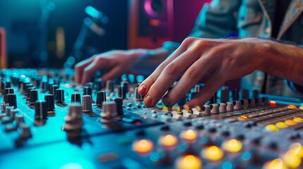 Music producer at a mixing desk in a sound recording studio, close-up shot, hands on controls, dynamic studio environment with professional lighting