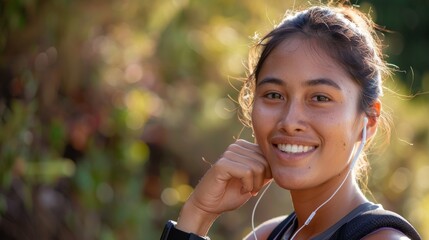 Fitness, woman and portrait smile for EarPods, music listening or wireless technology during running exercise. Healthy cardio, audio streaming, and smiling active female with teeth for earbuds