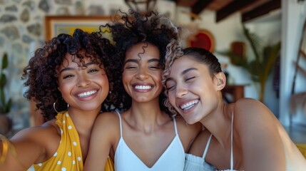 Fototapeta premium Friends connecting and having fun on sofa in living room selfie, smile, wink. Face, profile, group, women or girls in photography, happy memory, and social media