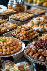 Traditional Eid desserts close-up view, Eid feast, Islamic celebration, Family feast.