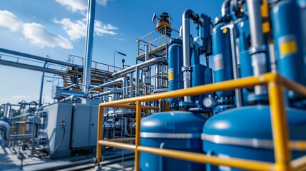 Hydrogen storage facility being built, close-up shot capturing the construction process and components, emphasizing hydrogen energy technology