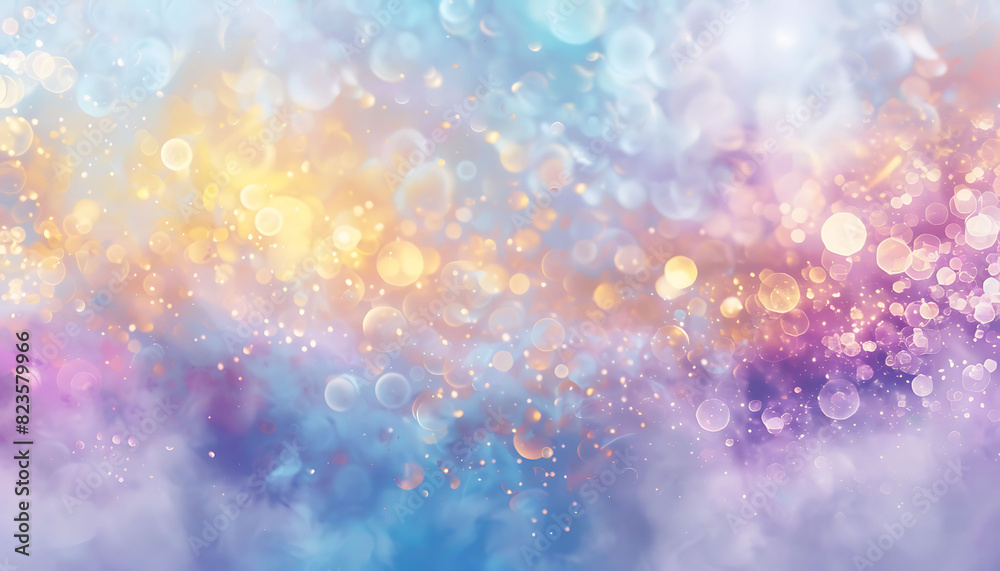 Poster Abstract background with a dreamy bokeh effect in pastel colors, featuring soft light spots in shades of purple, blue, gold, yellow, white, silver, and pink, creating a whimsical and calming visual