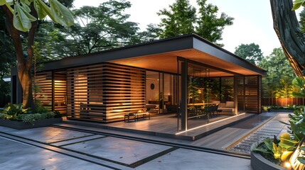 Obraz premium Modern carport with wooden slats and glass panels, in front of the house, with a concrete floor and trees around it. 