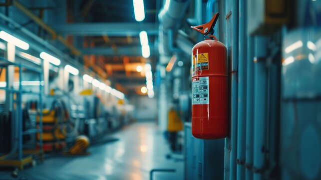 Industrial scene with a wall-mounted fire extinguisher, focusing on emergency preparedness in a high-energy factory environment