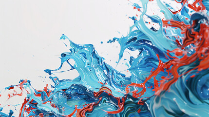 Aqua blue and coral red oil paint dynamically splashed on a white canvas, suggesting the vibrancy of coral reefs.