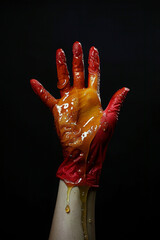 Hand wearing red latex glove covered in honey on black background. 