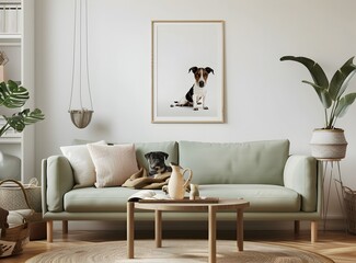 Scandinavian style interior of a living room with a dog, a light green sofa and a wooden coffee table near the wall with a poster frame on it and elegant personal accessories