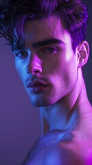 Beauty, cosmetics, and man's face in purple studio for skincare, self-care, and facial therapy. Healthy skin, wellness, and makeup male model's creative aesthetic, shine, and profile