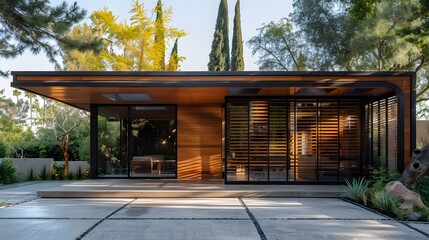 Obraz premium Modern carport with wooden slats and glass panels, in front of the house, with a concrete floor and trees around it. 