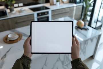 Man at home uses tablet, mockup screen, and hands for website, social networking, and internet research. Technology, connectivity, and digital space for marketing, advertising, and branding