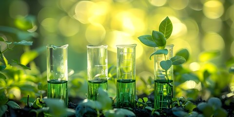 Green laboratory test tubes used in scientific experiments in a nature setting. Concept Nature Photography, Scientific Exploration, Green Technology, Laboratory Experiments, Eco-Friendly Innovation