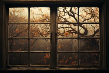Vintage window frames a misty autumn scene with golden leaves and bare branches