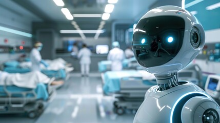 A smart robot stands in a hospital room, observing people lying in bed.