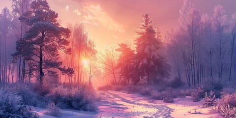 winter landscape with purple forest at sunset