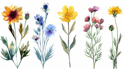 A beautiful watercolor painting of a variety of wildflowers. The flowers are in shades of yellow, blue, pink, and purple. The painting has a soft, dreamy feel to it.